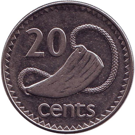 Монета 20 центов. 1999 год, Фиджи. Культовый атрибут Tabua (зуб кита) на плетеном шнурке.