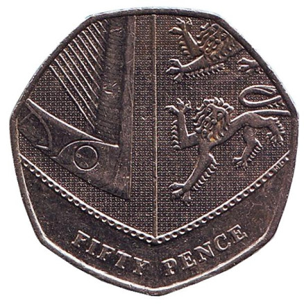 Монета 50 пенсов. 2015 год, Великобритания. Новый тип.