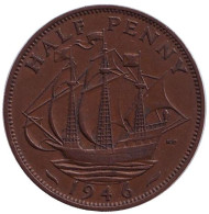Монета 1/2 пенни. 1946 год, Великобритания. "Золотая лань". Монета 1/2 пенни. 1946 год, Великобритания. "Золотая лань".