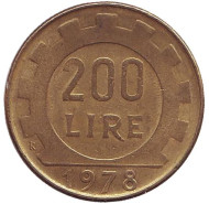 Монета 200 лир. 1978 год, Италия. Монета 200 лир. 1978 год, Италия.