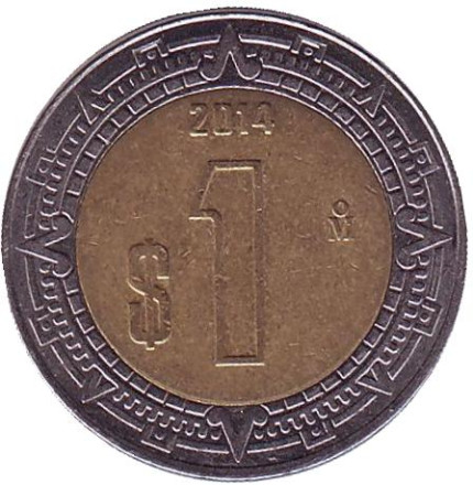 Монета 1 песо. 2014 год, Мексика. Из обращения.