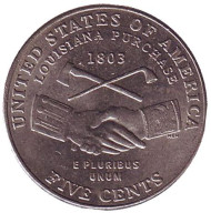 Монета 5 центов. 2004 год (D), США. Из обращения. Покупка Луизианы. Монета 5 центов. 2004 год (D), США. Из обращения. Покупка Луизианы.
