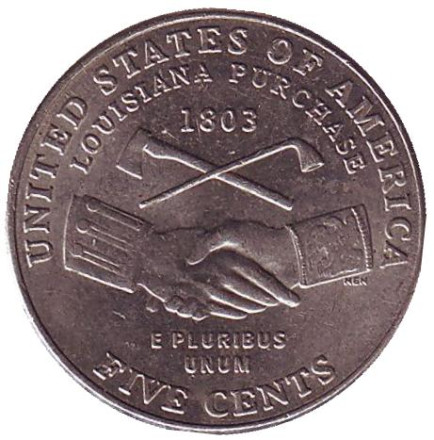 Монета 5 центов. 2004 год (D), США. Из обращения. Покупка Луизианы.