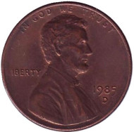 Монета 1 цент. 1985 год (D), США. Линкольн. Монета 1 цент. 1985 год (D), США. Линкольн.