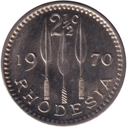 Монета 2 1/2 цента. 1970 год, Родезия.