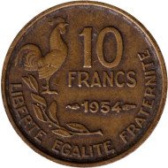 Монета 10 франков. 1954 год, Франция.  Монета 10 франков. 1954 год, Франция.