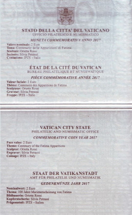 Монета 2 евро. 2017 год, Ватикан. 100 лет Фатимским явлениям Девы Марии.