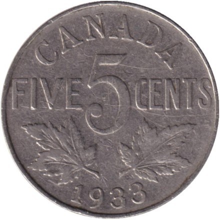 Монета 5 центов. 1933 год, Канада. Монета 5 центов. 1933 год, Канада.