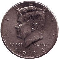 Монета 50 центов. 1996 год (P), США. Джон Кеннеди. Монета 50 центов. 1996 год (P), США. Джон Кеннеди.