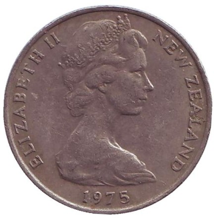 Монета 10 центов. 1975 год, Новая Зеландия. Из обращения. Маска маори.