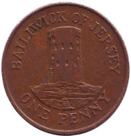 Монета 1 пенни. 1986 год, Джерси. Башня в Ле-Хок. Монета 1 пенни. 1986 год, Джерси. Башня в Ле-Хок.