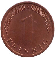 Монета 1 пфенниг. 1976 год (D), ФРГ. Дубовые листья. Монета 1 пфенниг. 1976 год (D), ФРГ. Дубовые листья.