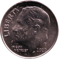 Монета 10 центов. 2020 (P) год, США. Рузвельт. Монета 10 центов. 2020 (P) год, США. Рузвельт.