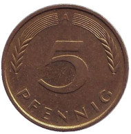 Монета 5 пфеннигов. 1993 год (A), ФРГ. Дубовые листья. Монета 5 пфеннигов. 1993 год (A), ФРГ. Дубовые листья.