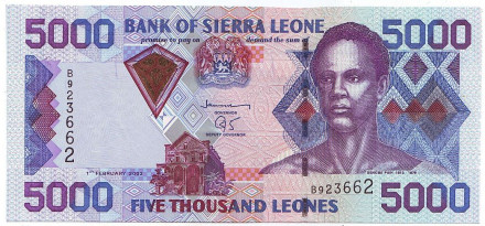 Банкнота 5000 леоне. 2002 год, Сьерра-Леоне. Пье Сенгбе.