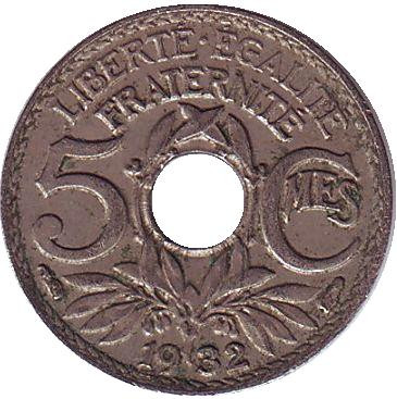 Монета 5 сантимов. 1932 год, Франция.
