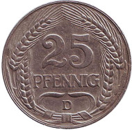 Монета 25 пфеннигов. 1909 год (D), Германская империя. Монета 25 пфеннигов. 1909 год (D), Германская империя.