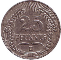 Монета 25 пфеннигов. 1909 год (D), Германская империя.
