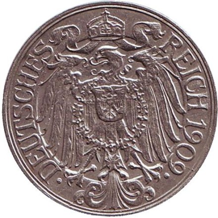 Монета 25 пфеннигов. 1909 год (D), Германская империя. Монета 25 пфеннигов. 1909 год (D), Германская империя.