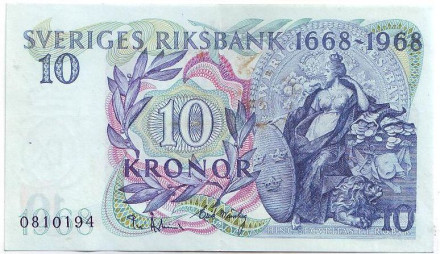 Банкнота 10 крон. 1968 год, Швеция. 300-летний юбилей Банка Швеции (1668-1968). VF-XF.