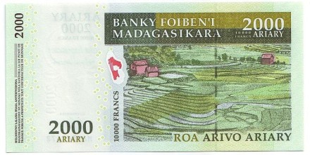 Банкнота 2000 ариари. (10000 франков). 2007 год, Мадагаскар. Баобабы. Банкнота 2000 ариари. (10000 франков). 2007 год, Мадагаскар. Баобабы.