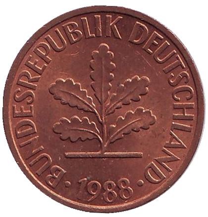 Монета 2 пфеннига. 1988 год (G), ФРГ. Дубовые листья. Монета 2 пфеннига. 1988 год (G), ФРГ. Дубовые листья.