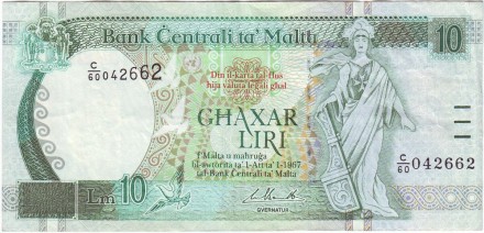 Банкнота 10 лир. 1967 (1994) год, Мальта. Банкнота 10 лир. 1967 (1994) год, Мальта.