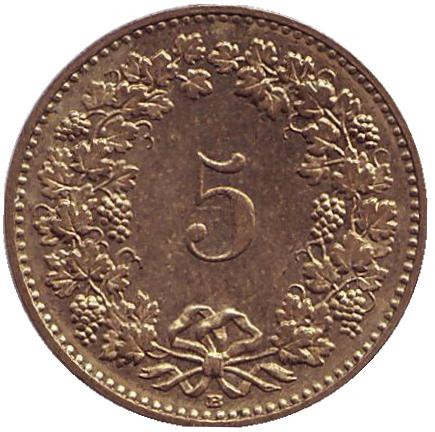 Монета 5 раппенов. 2003 год, Швейцария.