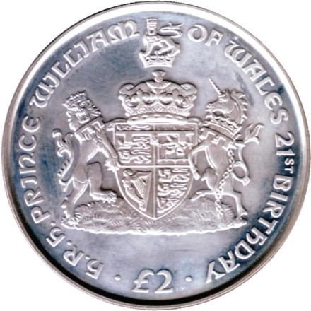 Монета 2 фунта. 2003 год, Южная Георгия и Южные Сандвичевы острова. 21 год со дня рождения Принца Уильяма.