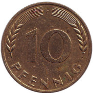 Монета 10 пфеннигов. 1968 год (F), ФРГ. Дубовые листья. Монета 10 пфеннигов. 1968 год (F), ФРГ. Дубовые листья.