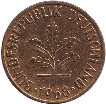 Монета 10 пфеннигов. 1968 год (F), ФРГ. Дубовые листья.