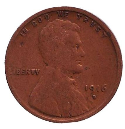 Монета 1 цент. 1916 год (D), США. Линкольн.