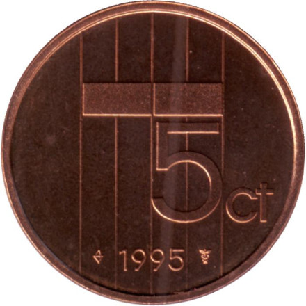 Монета 5 центов. 1995 год, Нидерланды. BU.