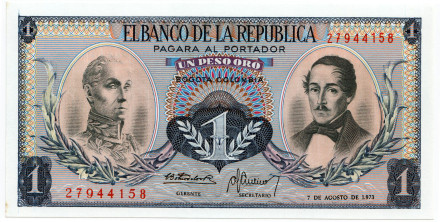 Банкнота 1 песо. 1973 год, Колумбия. Симон Боливар и Франсиско де Паула Сантандер.