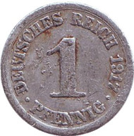 Монета 1 пфенниг. 1917 год (D), Германская империя. Монета 1 пфенниг. 1917 год (D), Германская империя.