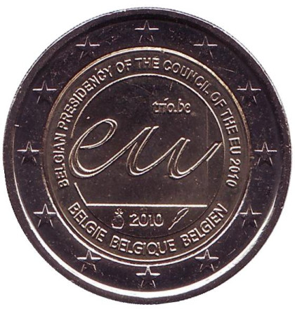 Монета 2 евро, 2010 год, Бельгия. Председательство Бельгии в ЕС.