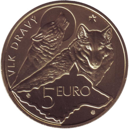 Монета 5 евро. 2021 год, Словакия. Волк.