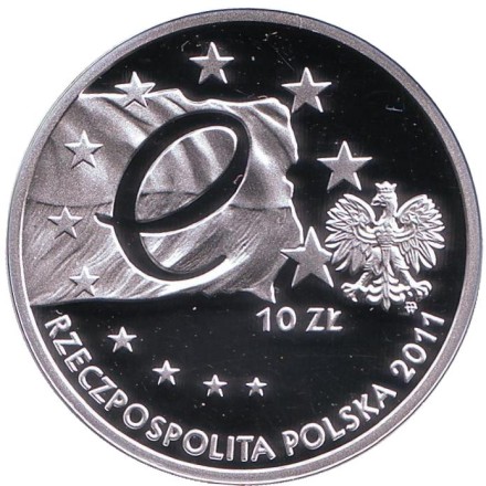 Монета 10 злотых. 2011 год, Польша. Председательство Польши в Совете Евросоюза.