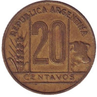 Монета 20 сентаво. 1942 год, Аргентина. Алюминиевая бронза.