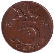 Монета 5 центов. 1954 год, Нидерланды. Монета 5 центов. 1954 год, Нидерланды.