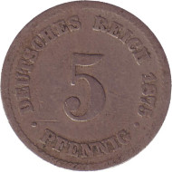 Монета 5 пфеннигов. 1875 год (А), Германская империя. Монета 5 пфеннигов. 1875 год (А), Германская империя.