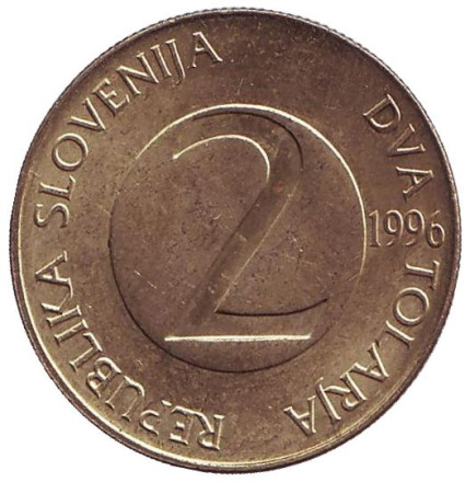 Монета 2 толара. 1996 год, Словения. Деревенская ласточка. Монета 2 толара. 1996 год, Словения. Деревенская ласточка.