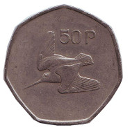 Монета 50 пенсов. 1974 год, Ирландия. Вальдшнеп (Лесной кулик).