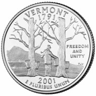 Монета 25 центов (P). 2001 год, США. Вермонт. Штат № 14. Монета 25 центов (P). 2001 год, США. Вермонт. Штат № 14.
