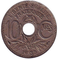 Монета 10 сантимов. 1935 год, Франция. Монета 10 сантимов. 1935 год, Франция.