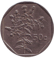Монета 50 центов. 1991 год, Мальта. Растение. Монета 50 центов. 1991 год, Мальта. Растение.