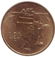 Монета 20 лир. 1982 год, Сан-Марино. Ликвидация маргинализации. Монета 20 лир. 1982 год, Сан-Марино. Ликвидация маргинализации.