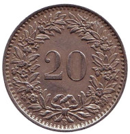 Монета 20 раппенов. 1943 год, Швейцария. Монета 20 раппенов. 1943 год, Швейцария.