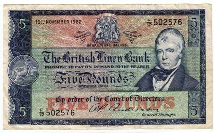 Банкнота 5 фунтов. 1962 год, Шотландия.