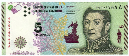 Банкнота 5 песо. 2015 год, Аргентина.